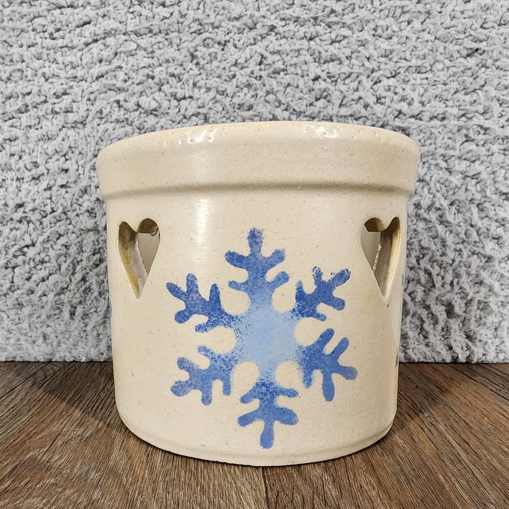 RRP Co Roseville Ohio Stoneware Crock Heart Cutouts Blue Snowflake 1 Pt Low USA